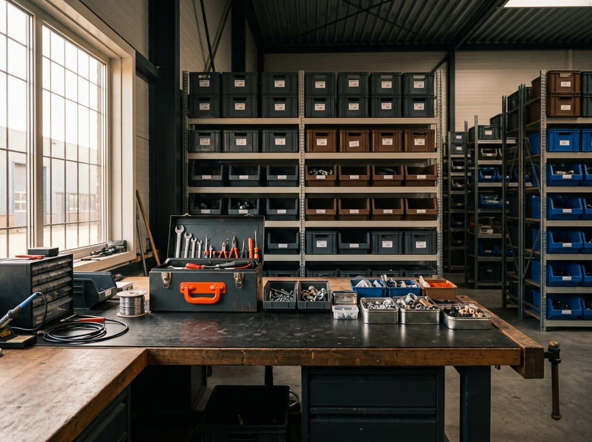 Opgeruimde werkplaats met werkbank, gereedschap en magazijnstellingen